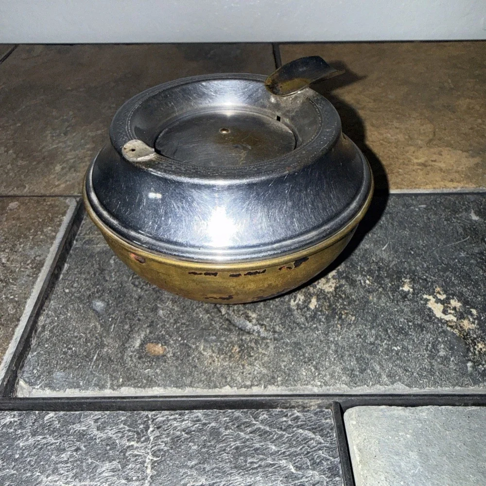 Vintage MCM Silent Butler Ashtray Chrome and Brass‎ Two Tone Metal Tobacciana